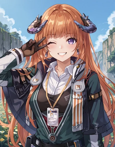 (masterpiece), (best quality), (ultra-detailed), masterpiece, score_9, score_8_up, score_7_up, source_anime BREAK, illustration, disheveled hair, detailed eyes, perfect composition, moist skin, intricate details, earrings, by wlop, Bagpipe, very long hair, orange hair, purple eyes, bagpipe_horns BREAK, Default, bagpipe_shirt, bagpipe_jacket, bagpipe_gloves, bagpipe_id card, BREAK, Reed,outdoor, looking at viewer, detailed fingers, upper body, peace sign, one eye closed, parted lips, wink, tilting,smile