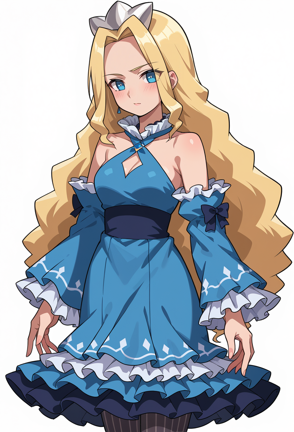 score_9, score_7_up, source_anime, BREAK <lora:PrincessPride:1> Princesspride,, hair ribbon, frilled choker, criss-cross halter, sleeveless dress, high-waist skirt, backless dress, layered dress, blue dress, waist blue bow, detached sleeves, frilled sleeves, wide sleeves, blue sleeves, black pantyhose, patterned legwear, pinstripe pantyhose, mary janes,