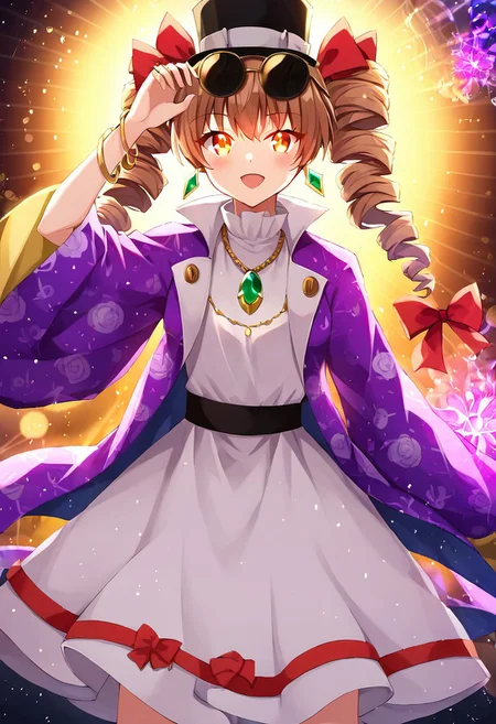 nai yorigami_jo'on, 1girl, solo, purple coat, open clothes, white dress, red ribbon, floral print, high collar, purple jacket, brown hair, (twin_drills:1.2), (drill_hair:1.2), detailed face, orange eyes, (glowing eyes:1.4), (eyewear_on_head:1.0), sunglasses, earrings, hat, bow, (top_hat:1.0), jewelry, pendant, necklace, buckle, ring, bracelet, (dynamic hand pose:1.4), fire magic, floral accessories, glowing aura, ethereal, (vivid colors:1.3), warm color palette, (light particles:1.4), glowing leaves, soft lighting, intricate details, (magical aura:1.2), (delicate ornaments:1.3), highly detailed, fantasy, (celestial atmosphere:1.4), (smooth shading:1.3), volumetric lighting, bokeh background, masterpiece, (best quality:1.2), (vibrant lighting:1.4), octane render, anime style