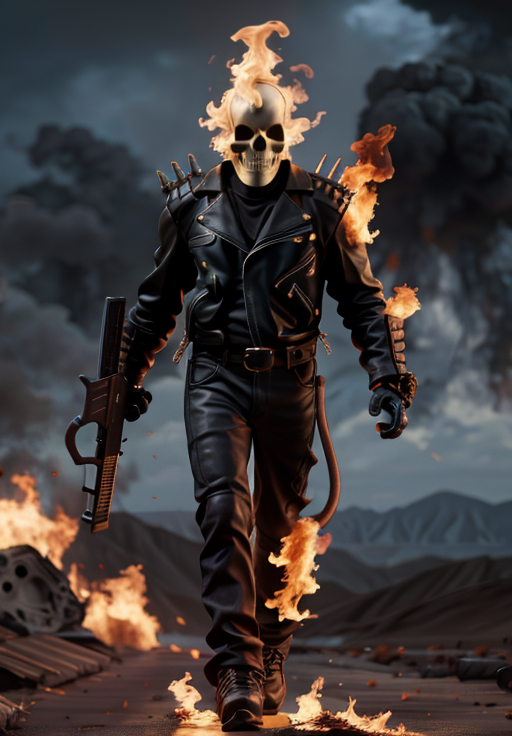 <lora:Ghost_Rider:0.8>, Ghost_Rider, burning, Explosion background, Walking, gun, holding gun