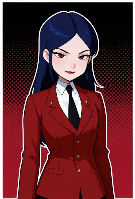 ((, screencap, upper body, halftone effect, white borders, abstract background:1.2,, ))  <lora:tiffanyos:1> tiffanyos, 1girl, long hair, blue hair, parted bangs, black necktie, school uniform, white  undershirt, lipstick, long red jacket, , dark red theme,  arms together, arms down, straight arms,, masterpiece, best quality, amazing quality, very aesthetic, absurdres, newest,