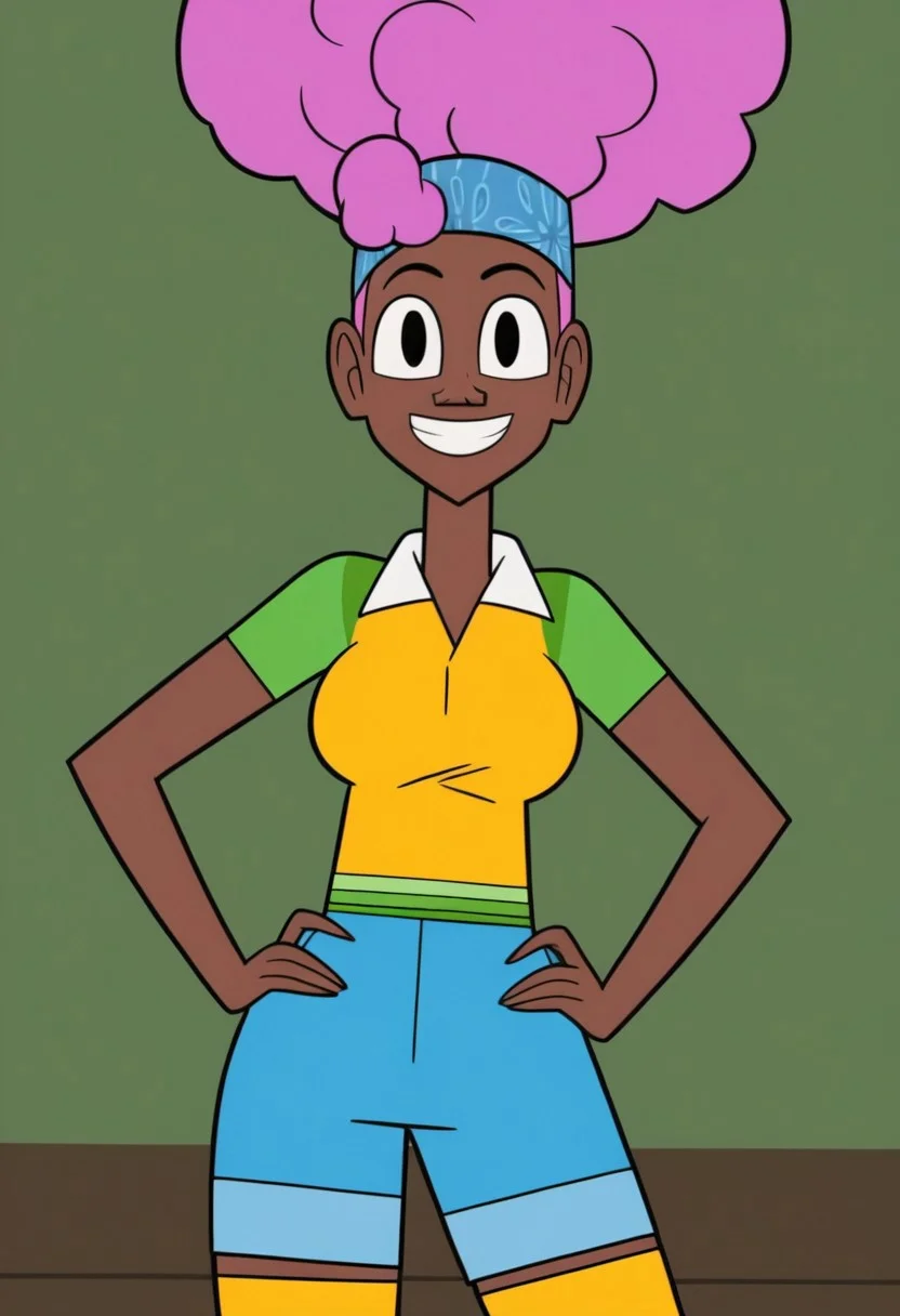 ((room background)),score_9, score_8_up, score_7_up,score_6_up,
1girl, solo, Harriet_CH, dark brown skin, black eyes, orchid hair, blue head bandana, afro puff, voluminous fluffy Hair, yellow-green polo shirt, sky blue skinny shorts, yellow thigh high socks, black ballet flats, big eyes, cute, tall stature, social smile, perfect eyes, perfect smile, looking at the viewer, detailed eyes, perfect eyes, standing, big breasts (front pose, front view, bust shot) five fingers, perfect hands, hands on hips