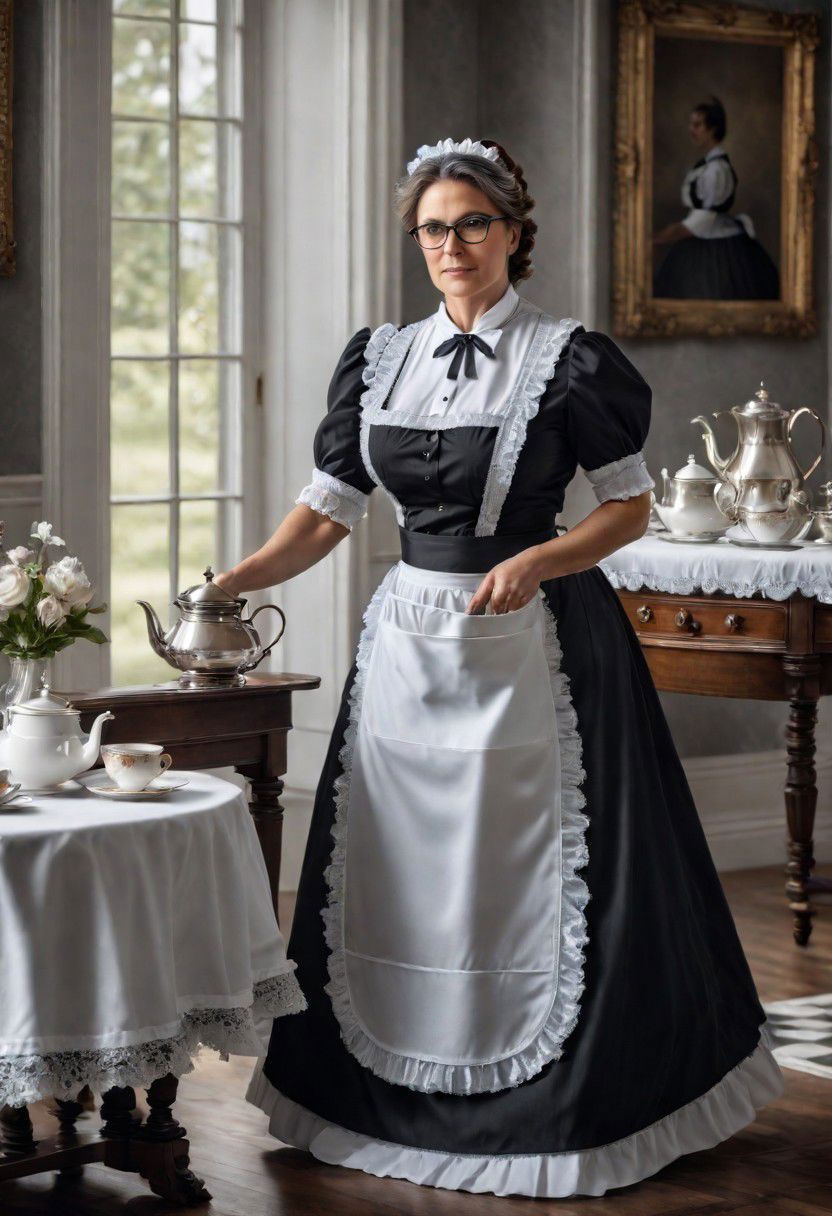 full body shot of a beautiful 45 year old woman, medium length brown hair streaked with gray, gray eyes, glasses, square face, rounded cheeks, hourglass figure, slightly overweight, victorian maid, standing in a victorian parlor, serving tea