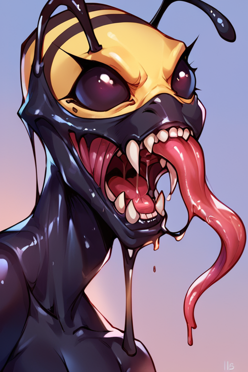 score_9, score_8_up, score_8, score_7, a bee, menacing, cover in black goo, <lora:s1m13073PNYXL_V00:0.6> s1m13073, saliva, sharp teeth, long tongue