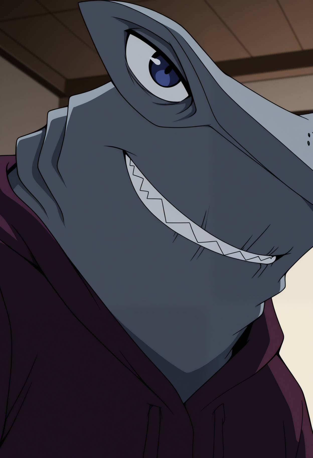 masterpiece,best quality,amazing quality, 1boy, solo, sh4rk04, shark boy, blue eyes, grey skin, hoodie, close up, side angle, smug,