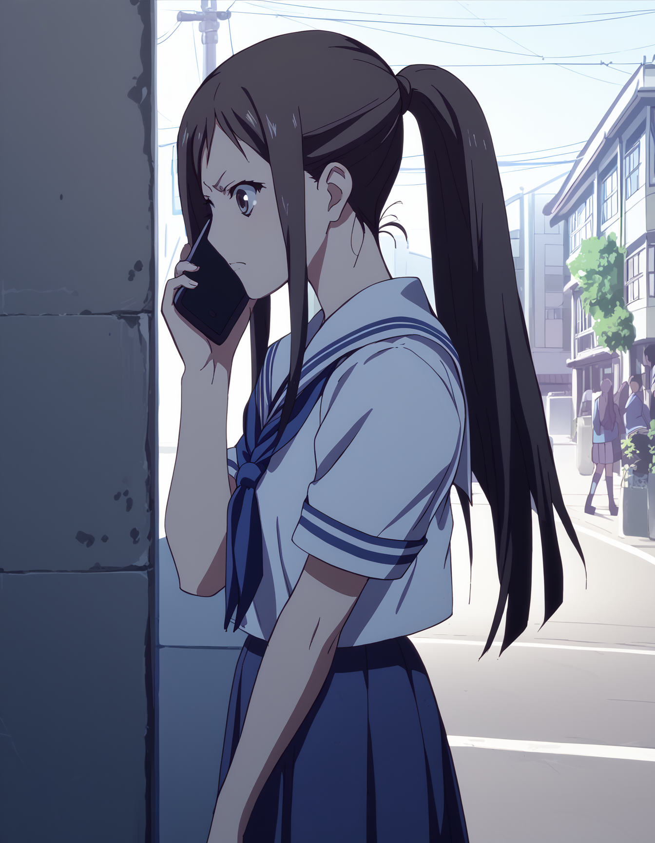 score_9,  score_8_up, score_7_up, source_anime, <lora:talking_on_phone_v0.3-pony:0.75>
<lora:minko-000007:1> tsurugi minko, long hair, black hair, ponytail
school uniform, serafuku,
talking on phone, from side, city