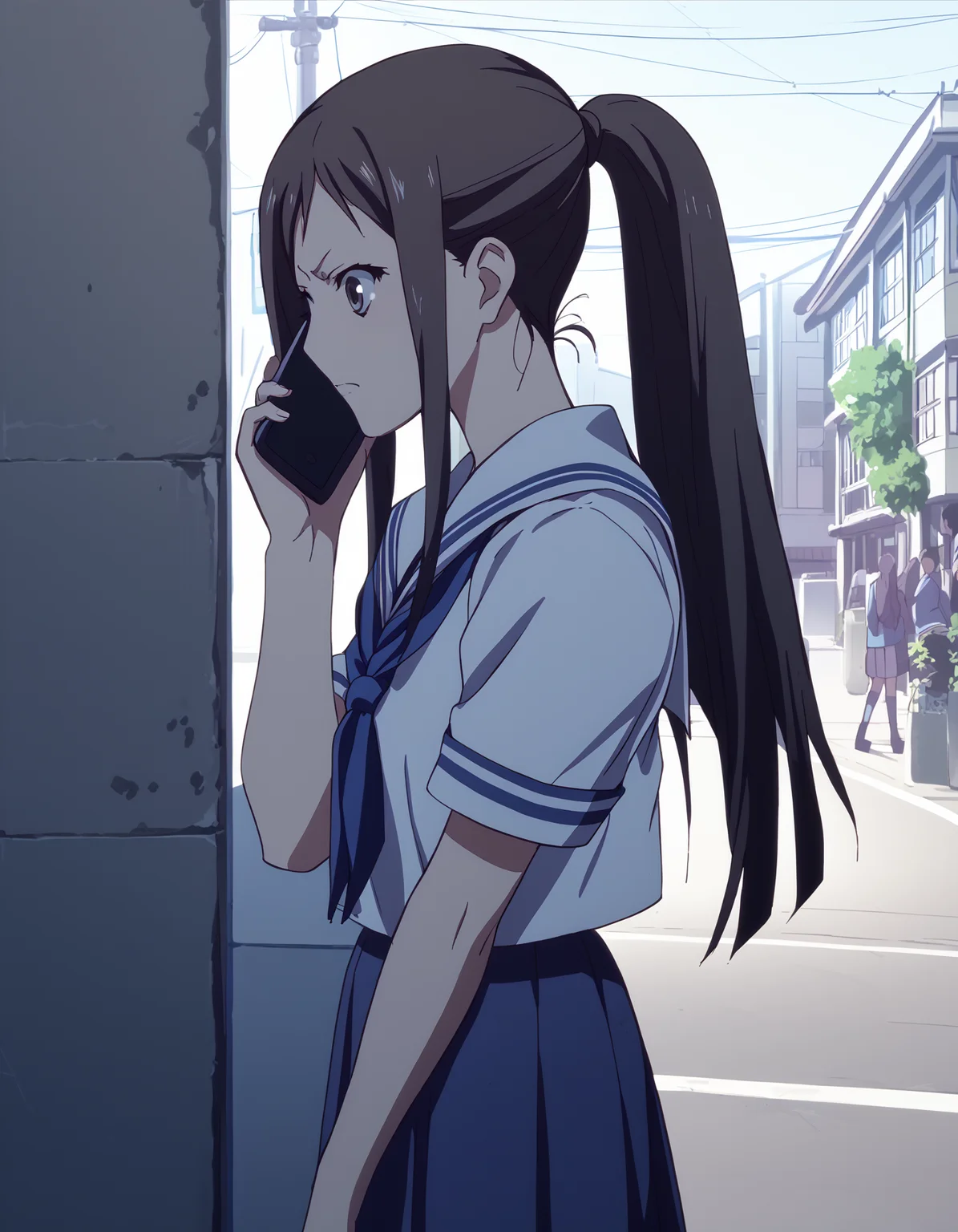 score_9, score_8_up, score_7_up, source_anime, <lora:talking_on_phone_v0.3-pony:0.75>
<lora:minko-000007:1> tsurugi minko, long hair, black hair, ponytail
school uniform, serafuku,
talking on phone, from side, city