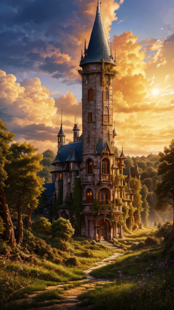 Anime, Masterwork, Magnum Opus, 
 <lora:Wizard_Tower:0.75> witow, castle, cloud, cloudy sky, grass, no humans, scenery, sky, tower, tree, <lora:Fantasy_Mountains:0.75> fanmou, footprints, forest, grass, nature, no humans, outdoors, sky, tree,
  highres, 8k, uhd, High Dynamic Range, tonemapping, crisp details,  intricate details, fine details