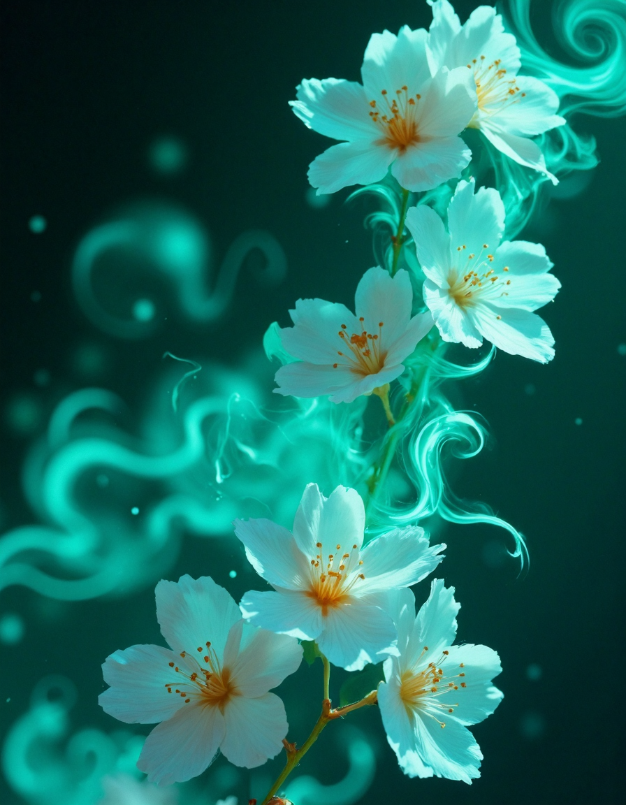 Photorealistic macro photography, capturing swirling, luminous forms reminiscent of a lava lamp, but composed of blooming cherry blossoms. The blossoms cascade through a deep indigo and emerald green environment, illuminated by soft, diffused golden light. Delicate petals drift and intertwine, creating a sense of tranquil motion and otherworldly beauty. The composition utilizes the rule of thirds, with a shallow depth of field emphasizing the foreground blossoms against a softly blurred background, evoking a dreamy, nostalgic atmosphere.  light from below style, light from below, Underlighting