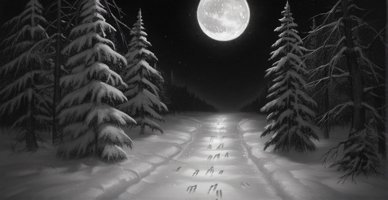 Graphic Design, greyscale, monochrome, intricate details, high contrast, detailed background, beautiful detailed, beautiful face, detailed eyes, detailed face, new, z41ch1k, no humans, scenery, very aesthetic, forest, night, moon, stars, winter, snow, snowing, (masterpiece, best quality, newest, recent, absurdres), 
