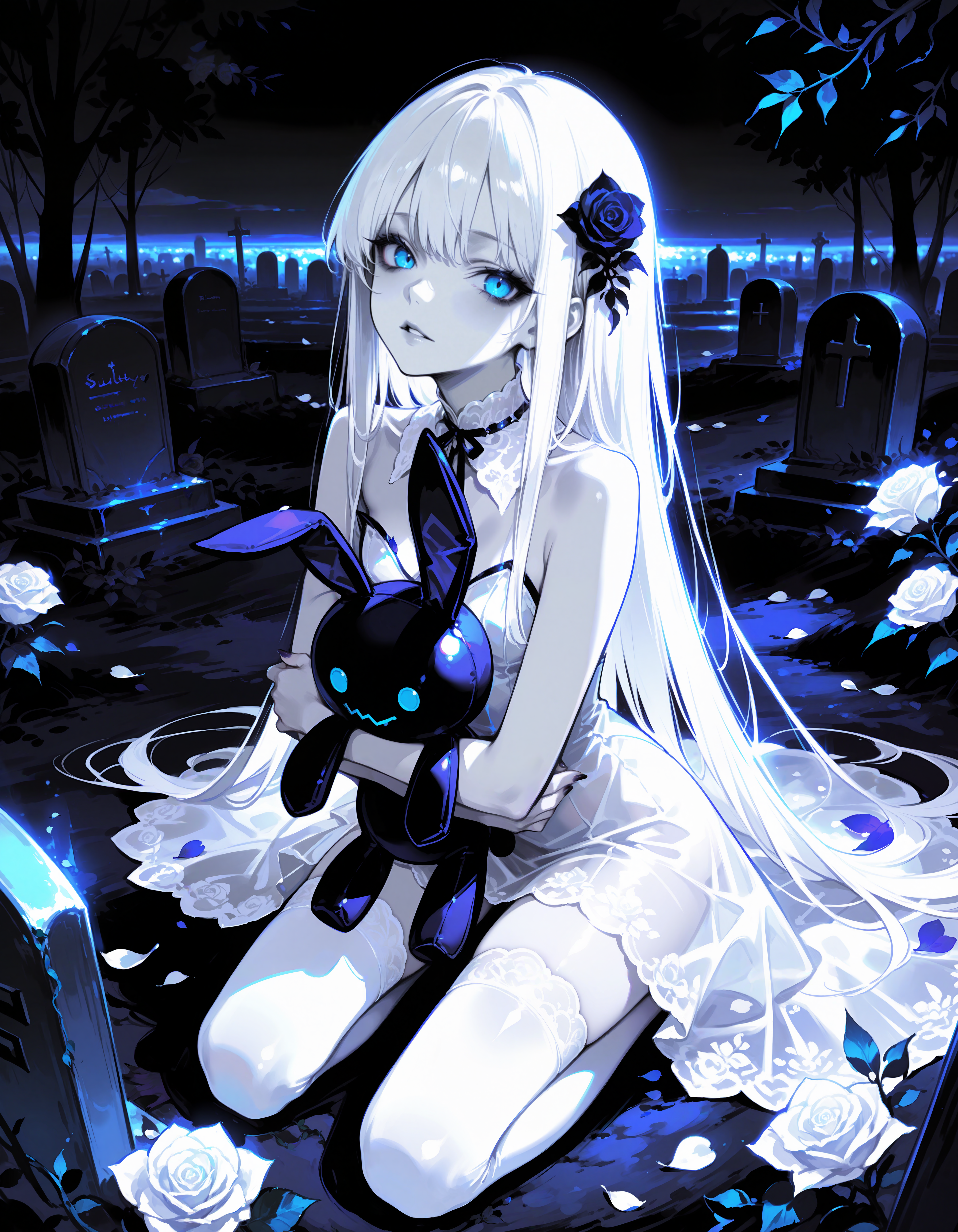 masterpiece, best quality, amazing quality, very aesthetic, absurdres, newest, dark background, backlighting, nighttime, ambient occlusion, raytracing, soft lighting, bloom effect, absolutely eye-catching, (sexy, slutty, seductive), monochrome,
<break>
monochrome, 
1girl, solo, long hair, white hair, bangs, hair spread out, hair ornament, 
bare shoulders, pale skin, ghostly,
blue eyes, looking at viewer, parted lips, dark purple fingernails,
translucent dress, white dress, white thigh highs, white lace collar,
rose, leaf, white flower, white rose, petals, spot color, vines, 
hands on own arms,\(holding stuffed bunny, dark purple horror bunny, eerie bunny\), kneeling, nighttime, graveyard,
<segment:face,0.35,0.5//cid=1>blue eyes, looking at viewer, parted lips, pale skin, monochrome,