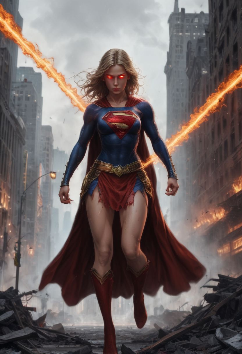 High resolution ultra-realistic of Beautiful Supergirl fighting against alien invasion, cinematic style, standing on a bloody and stormy battlefield in a fighting pose, bloody massacre, fire, realistic combat costume, red mini skirt, perfect athletic figure, wavy blonde hair, handsome dirty bloody face, beautiful perfect detailed pupils, wet oily shiny skin, beautiful firm Breasts, defiant and seductive, sexy 20 year old girl, 8k resolution concept art portrait by Greg Rutkowski, Dark Gotham City, Artgerm, WLOP, Alphonse Mucha, dynamic lighting, hyperdetailed, intricately detailed, Splash art trending on Artstation triadic colors, Unreal Engine, 5 volumetric lighting, Cinematic Lighting, intricate, smooth, sharp focus digital painting, Asymmetrical Balance, painting, dynamic lighting