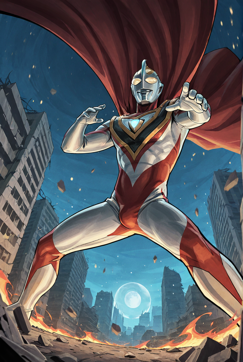 score_9,score_8_up,score_7_up,best quality,ultra-detailed,high resolution,digital painting,8k,1boy,solo,male focus,bara,cowboy shot,foreshortening,fisheye,tokusatsu,alien,yellow eyes,bodysuit,red cape,bulge,boots,floating cape,light particles,fire on ground,glowing,city,debris,dynamic pose,building,ruins,giant,from below,blurry background,blurry foreground,fisheye,night,<lora:add-detail-xl:1>,<lora:Jim Lee Artist Style[ilustrious]:0.5>,jimleestyleil,western comics (style),<lora:Marvel Rivals Concept Art Style[ilustrious]:0.5>,marvelrivalsilv2,<lora:Ultraman Gaia:0.7>,ultraman gaia,