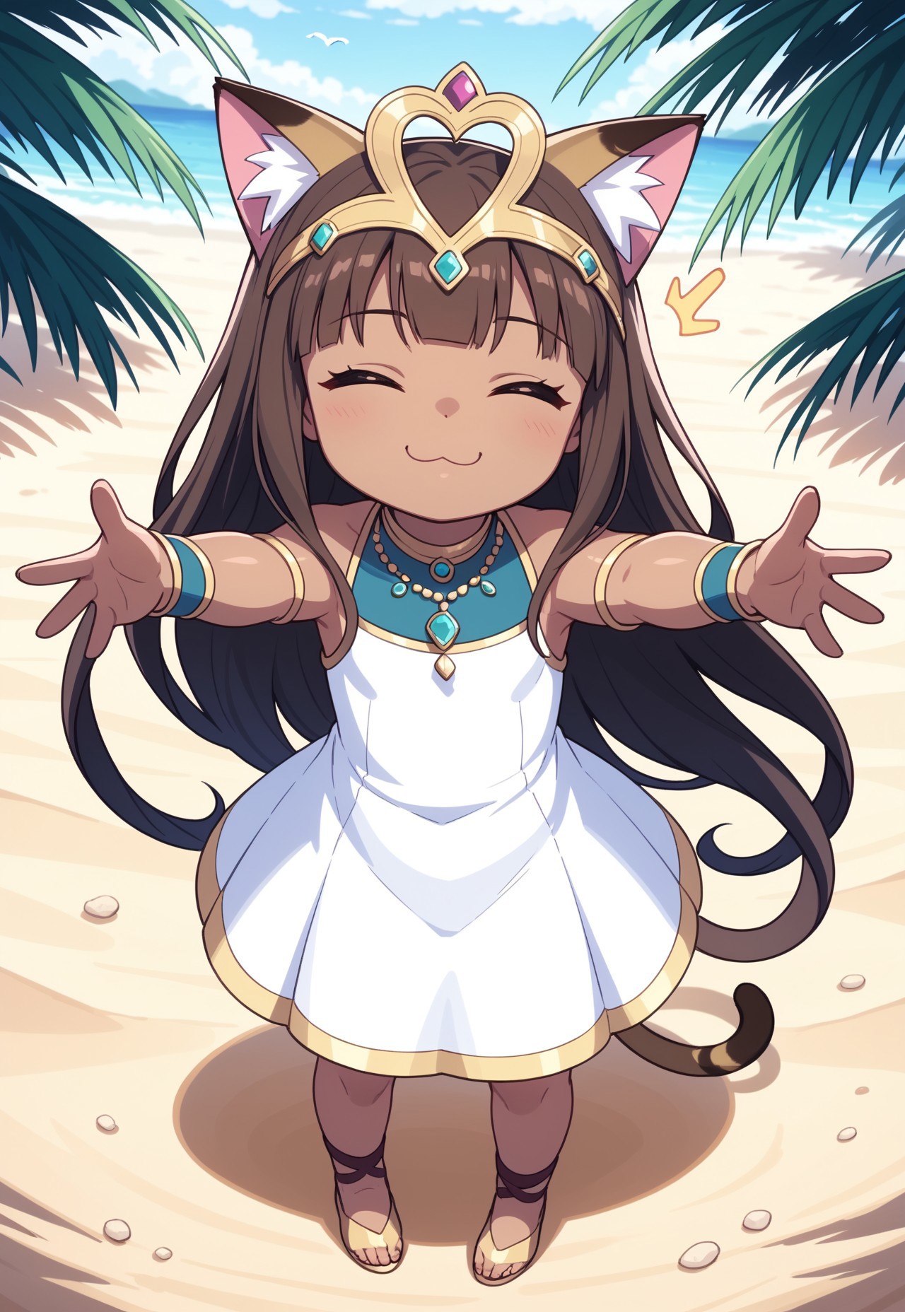 score_9, score_8_up, score_7_up, masterpiece, best quality, absurdres, vibrant, highly detailed, super cute and adorable, fluffy, from above, three-quarter front view, 
BREAK 
1girl, solo, (zzBastet as a toddler:1.5), kiddo zzBastet, brown hair, tiara, flat chest, (long white dress:1.2), ankle lace-up, cat ears, dark skin, jewelry, very long hair, cat tail, reaching towards viewer, happy, closed eyes, ^^, ^^^, closed mouth, :3, (wagging tail, motion lines), 
BREAK 
outdoors, Oasis, palm trees, sand dunes background, blue sky, birds