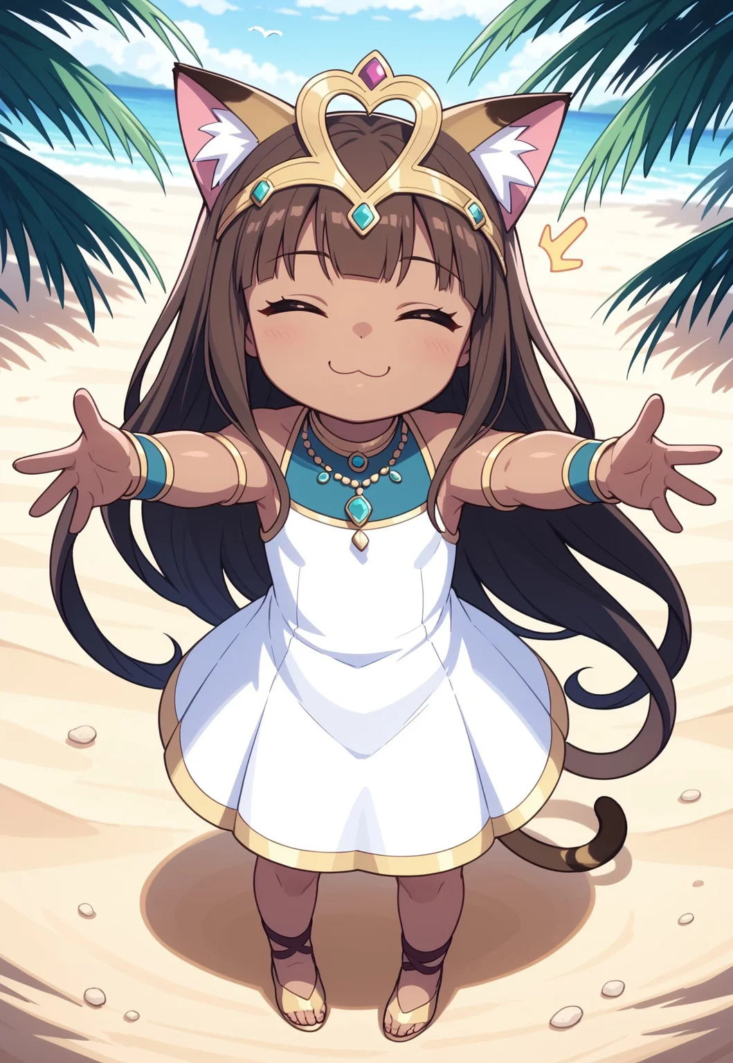 score_9, score_8_up, score_7_up, masterpiece, best quality, absurdres, vibrant, highly detailed, super cute and adorable, fluffy, from above, three-quarter front view,
BREAK
1girl, solo, (zzBastet as a toddler:1.5), kiddo zzBastet, brown hair, tiara, flat chest, (long white dress:1.2), ankle lace-up, cat ears, dark skin, jewelry, very long hair, cat tail, reaching towards viewer, happy, closed eyes, ^^, ^^^, closed mouth, :3, (wagging tail, motion lines),
BREAK
outdoors, Oasis, palm trees, sand dunes background, blue sky, birds
