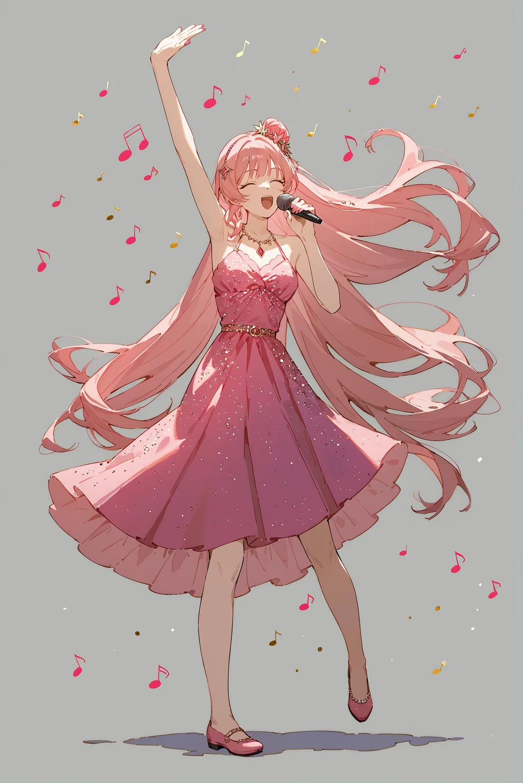best quality, masterpiece, score_9, score_8_up, score_7_up, source_anime, rating_safe,
1girl, solo, long hair, pink hair, bangs, hair ornament, adult, idol, idol dress, pink dress, skirt, singing, microphone,
no background, white background, photoshoot,