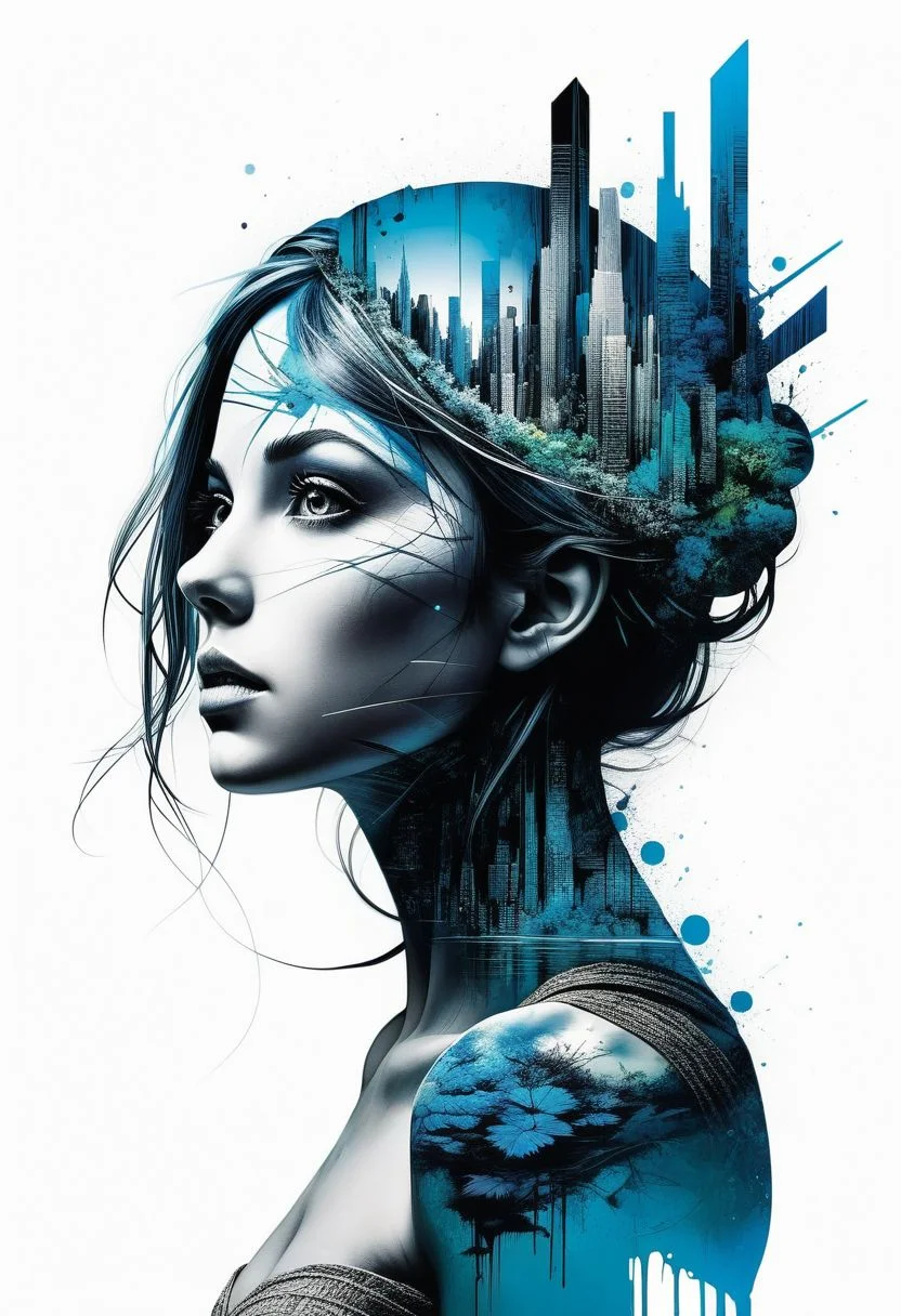 mysterious silhouette of woman from the enchanted pond, abstract art, by Minjae Lee, Carne Griffiths, Emily Kell, Geoffroy Thoorens, Aaron Horkey, Jordan Grimmer, Greg Rutkowski, extraordinary depth, masterpiece, surreal, geometric patterns, extremely detailed, bokeh, perfect balance , deep and thin edges, artistic photorealism, smoothness, excellent masterpiece by the head of rapid engineering, (white background: 1.2),