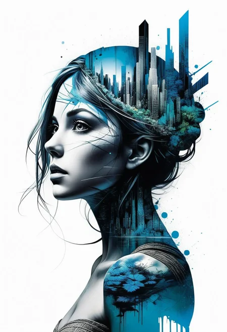 mysterious silhouette of woman from the enchanted pond, abstract art, by Minjae Lee, Carne Griffiths, Emily Kell, Geoffroy Thoorens, Aaron Horkey, Jordan Grimmer, Greg Rutkowski, extraordinary depth, masterpiece, surreal, geometric patterns, extremely detailed, bokeh, perfect balance , deep and thin edges, artistic photorealism, smoothness, excellent masterpiece by the head of rapid engineering, (white background: 1.2),