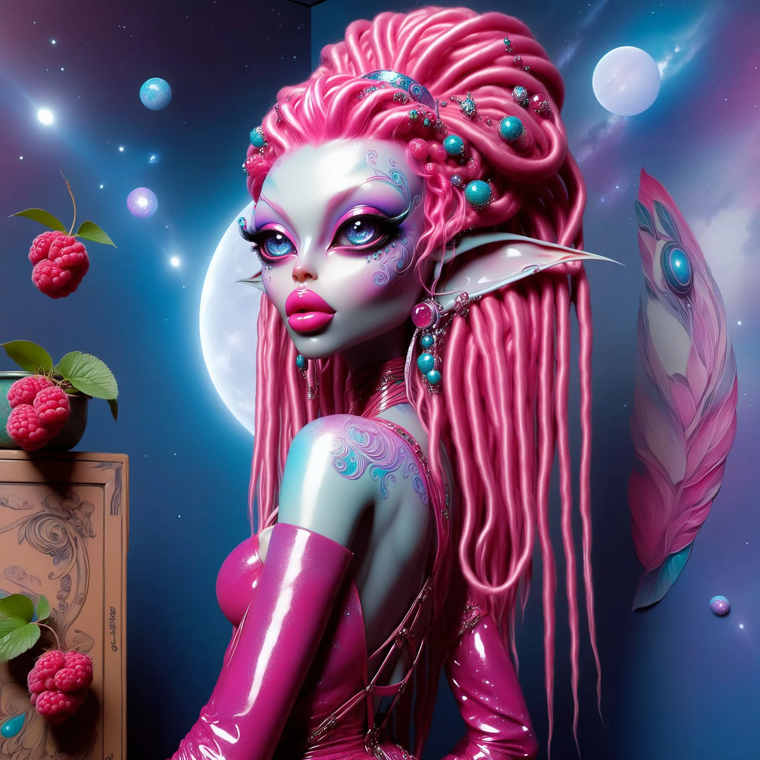<lora:AlinaXL:0.6>  <lora:DGlitter:0.6> <lora:DalleAlien:0.8> beautiful elf girl with big detailed eyes and huge lips , light glitter marble stone skin , full length portrait of 1950s female in space, raspberries, turquiose and magenta colored pencil sketch by Gil Elvgren and drew struzan , vivid contrast
,8k, extreme detailed , colorful , highest detailed