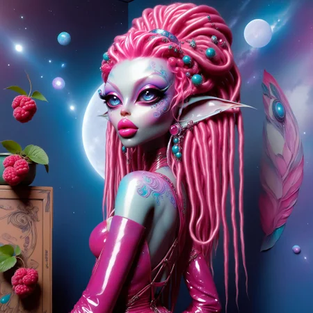 <lora:AlinaXL:0.6> <lora:DGlitter:0.6> <lora:DalleAlien:0.8> beautiful elf girl with big detailed eyes and huge lips , light glitter marble stone skin , full length portrait of 1950s female in space, raspberries, turquiose and magenta colored pencil sketch by Gil Elvgren and drew struzan , vivid contrast
,8k, extreme detailed , colorful , highest detailed