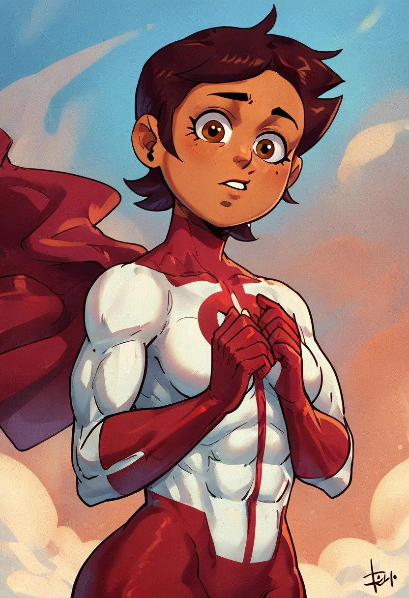 score_9, score_8_up, score_7_up
, masterpiece, beautiful,
Luz Noceda, brown hair, short hair, brown eyes, dark skin, medium breast, wide hips,
,Upper body,Omnimman,skintight suit, red O shaped chest emblem,red gloves, red cape, Muscle, flying, old japanese village background,