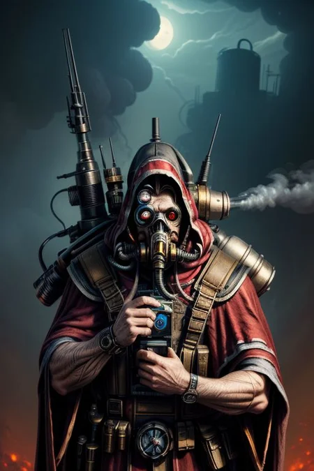 ((masterpiece,best quality)), absurdres, BREAK
mechanical arms, robes, hood, BREAK
((techpriest)), cyborg, mechanical face, mechanical limbs, gas mask, mechanical tentacles, (mechanical backpack), BREAK
1other, solo, holding pistol, firearm, handgun, pistol, gun, BREAK
factory background, smoggy sky, air pollution, smokestacks, BREAK
(internet horror face)