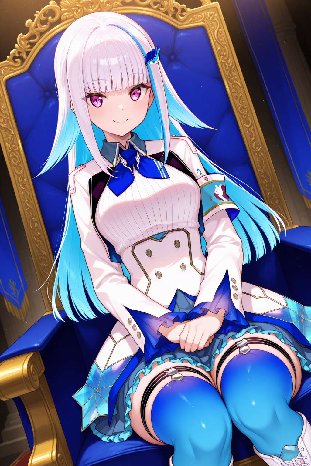1girl, LizeHelestaNijisanji, 
general, solo, dutch angle,
purple eyes, looking at viewer,
smile,
sitting,
long hair, white jacket,
own hands together, 
frilled sleeves, armband, safety pin, 
blue necktie,
collared shirt, large breasts,
frilled skirt, thick thighs, thigh strap, blue thighhighs,
throne room, throne,
<lora:kp_LizeHelestaNijisanji1stCostumeIllustrious_v1_0:1.0>,
masterpiece, best quality, amazing quality