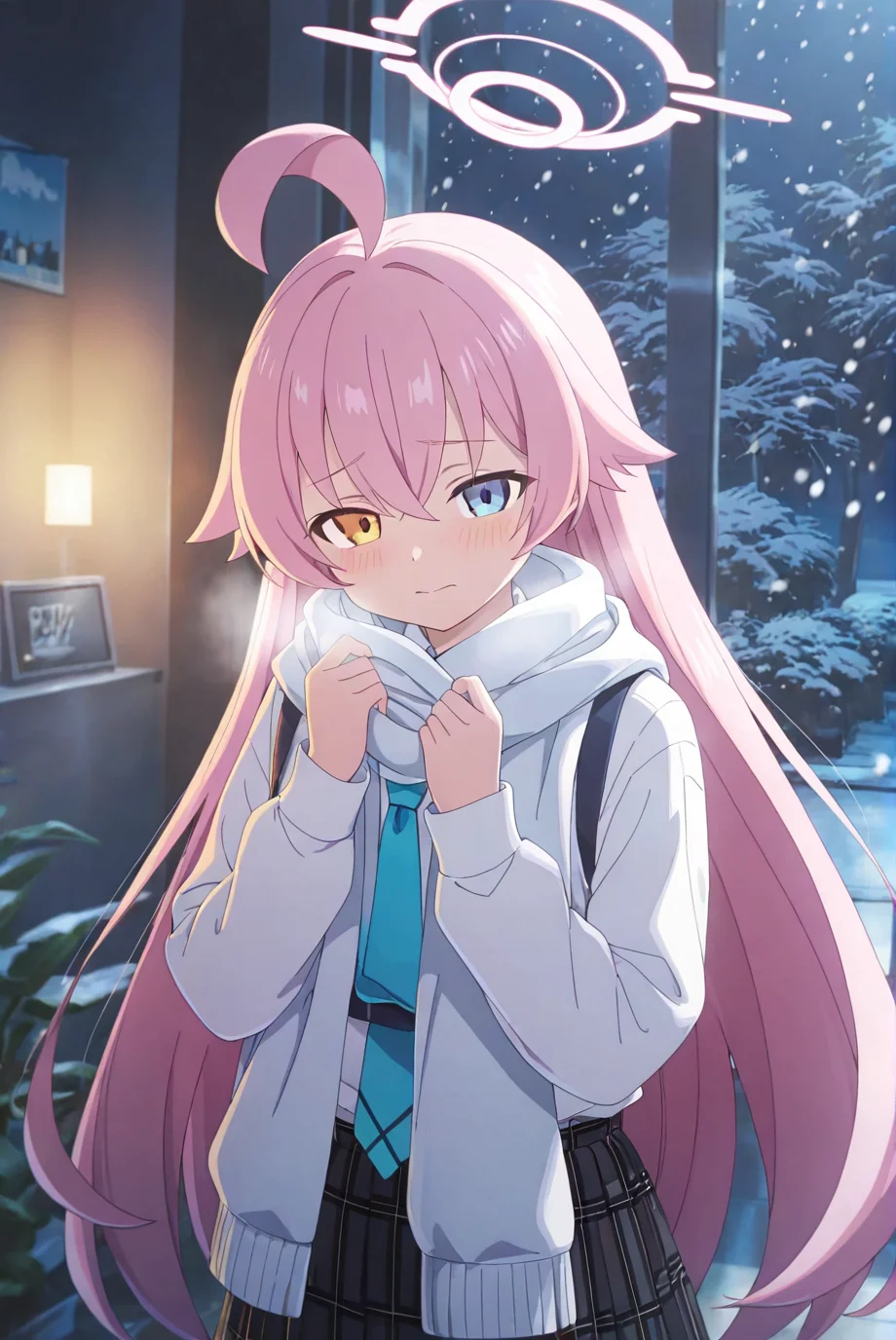 hoshino \(blue archive\),1girl,solo,long hair,looking at viewer,nature,<lora:FGO_Spring2025_NewMaster_PromoStyle:0.8>,fgo_spring2025_newmaster_promostyle,cinematic_angle,depth of field,night,warm atmosphere,snowing,indoors,blush,shy,like it,, masterpiece,best quality,amazing quality,