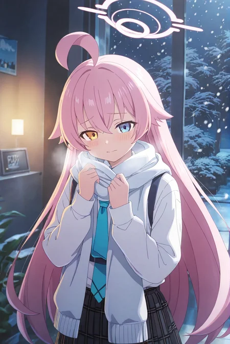 hoshino \(blue archive\),1girl,solo,long hair,looking at viewer,nature,<lora:FGO_Spring2025_NewMaster_PromoStyle:0.8>,fgo_spring2025_newmaster_promostyle,cinematic_angle,depth of field,night,warm atmosphere,snowing,indoors,blush,shy,like it,, masterpiece,best quality,amazing quality,
