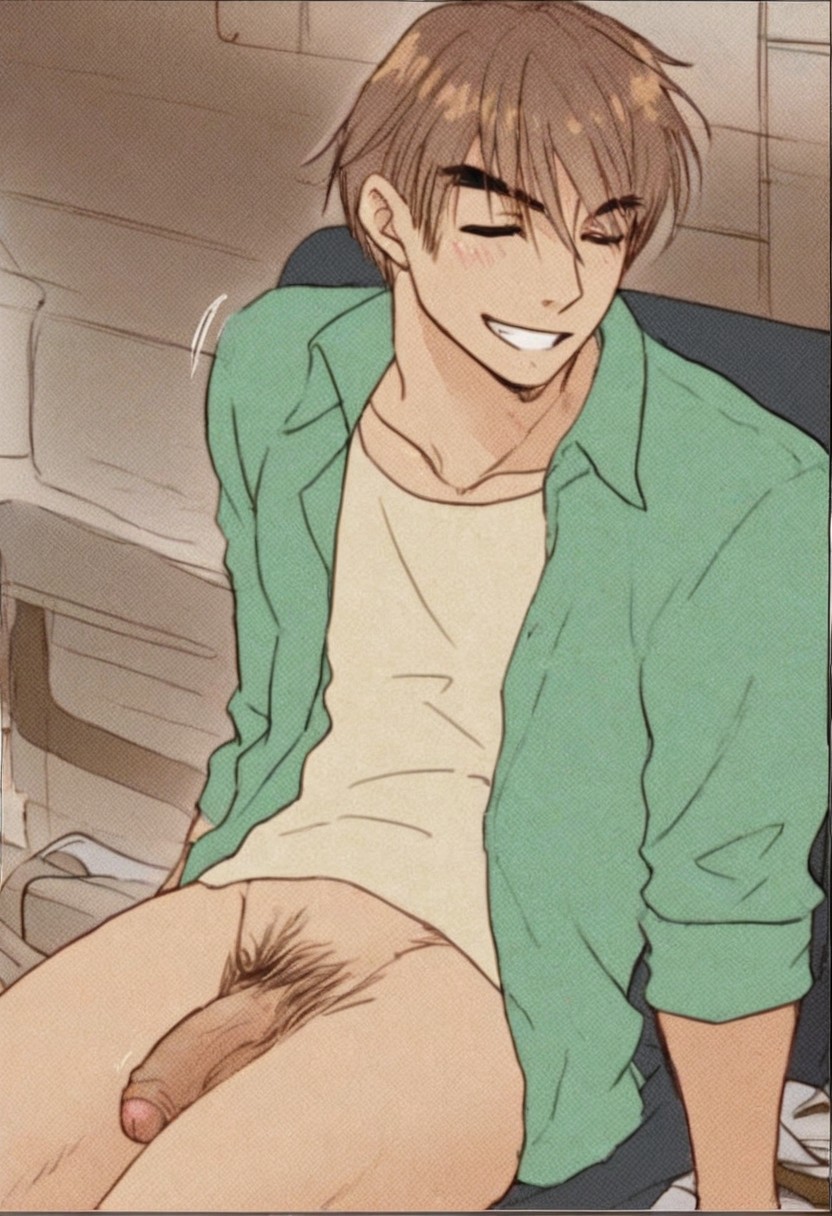 score_9, score_8_up, score_7_up, anime_source, official artstyle, anime screencap, highly detailed, 1boy, perfect composition, good shading, motion lines, movement lines, male focus, 1boy, solo, male focus, completely naked, bare upper body, barechested male, bare lower body, bare legs, thick abs, indoors, caravan, vehicle, ozaki guy, brown hair, short hair, male focus, solo, sitting, flaccid penis, pubes, smiling gently