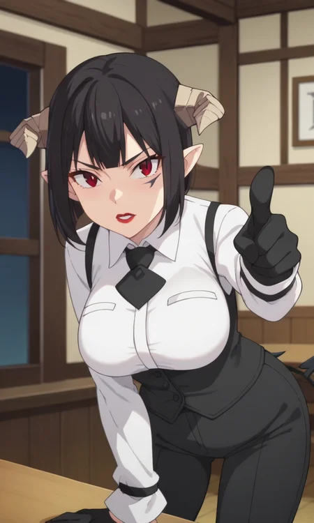 score_9, score_8_up, score_7_up, 1girl,  <lora:torture_tortura:1> torturaxl, red eyes, black hair, short hair, pointy ears, facial mark, black gloves, large breasts, red lips, demon horns, demon tail, black pants, black corset, white shirt, collared shirt, long sleeves, black necktie, vest, demon girl, leaning forward, pointing at viewer, serious,  cowboy shot, indoors, room, desk, natural light, dynamic shadows, anime style, screencap
