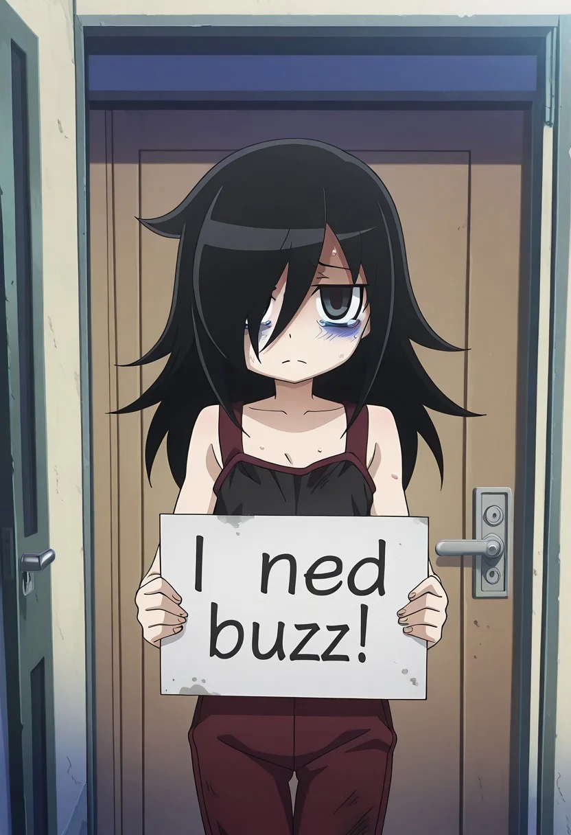 detailed background, official style, anime coloring, (anime screencap) masterpiece, detailed face, 1girl, <lora:Tomoko_Kuroki:0.8>, Tomoko, small breasts, black hair, long hair, bags under eyes, hair between eyes, hair over one eye, flat chest, petit body, skinny, oversized breast cup, sad, sad expression, tears, need_buzz, holding sign, looking at viewer, standing, sweating, dirty clothes, outdoors, pov, opening apartment door,