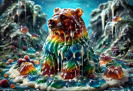 high quality, (Domination of the blue color:2), Jellystyle, stone bridge<lora:bad_prompt_version2-neg:1> <lora:By bad artist -neg:1> <lora:Jelly_Style:1> (rainbow color grading:1.5). (Icing milk:2). (Sugar coating :1). berry made of jelly. River of milk. ais-chocsauce Mountains. Crystallized Sugar Rain. The floor is covered with honey. Multi-colored Jellystyle bears.
(Fish) Made of gum with glowing precious stones is shown into the jello realm. From the right of the frame, the Jellystyle bears, fishing, jumping fish, bear catching fish.
CastleBreizh XL Mk8 on the left.
Asymetric composition, dynamic pose, field of depth, grass in the foreground. Close-up view from below.