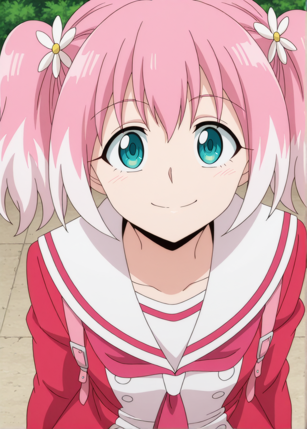 NanaH, turquoise eyes, anime, anime coloring, anime screenshot, anime screencap, stockings, white stockings with pink patterns, sailor collar, pink shape, sailor red tie, 1girl, solo, school uniform, twintails, pink hair, hair ornament, shoes, hair flower, flower, white thighhighs, smile, close up face
