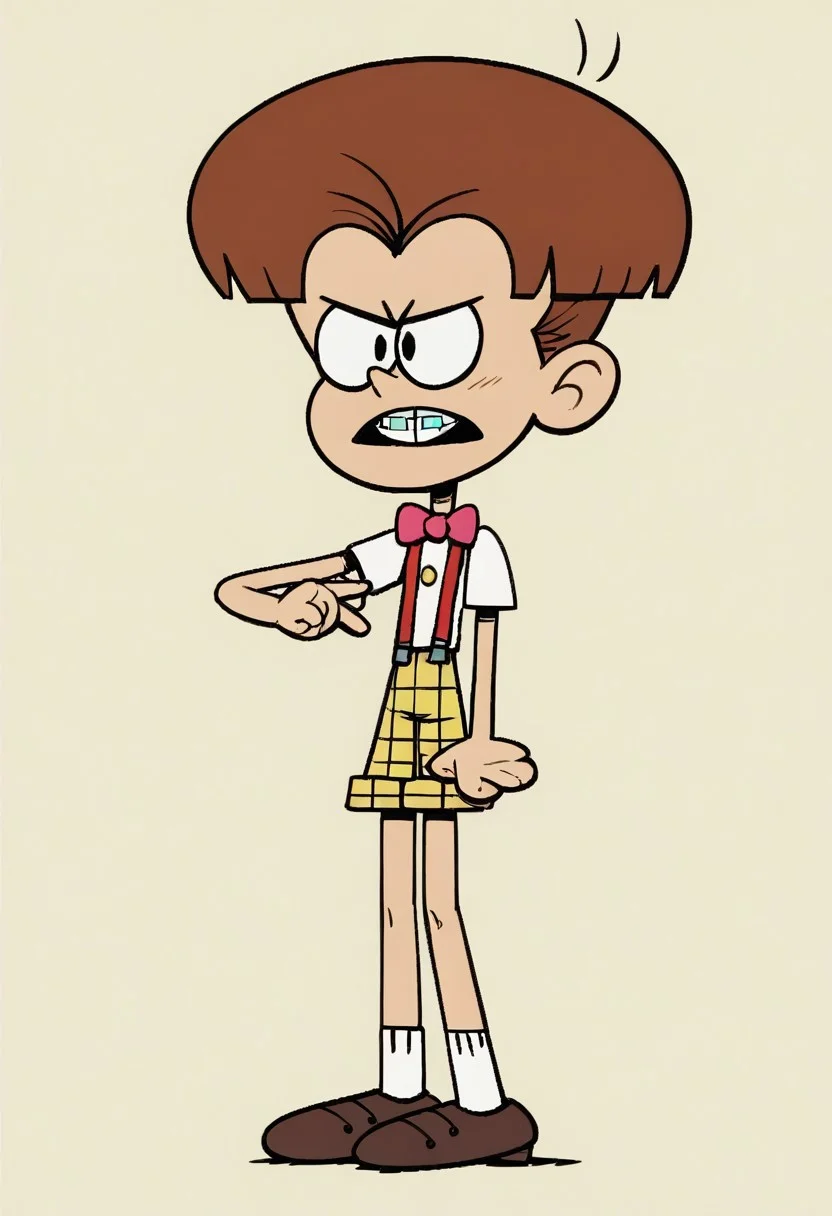 (score_9 | score_8_up | score_7_up) ((masterpiece:1))(best quality,very high quality,ultra detailed:1.2) (2D,cartoon style,anime style)(Smooth:2)(clean blurring) (four fingers on each hand,one thumb on each hand:1), Lane loud, Solo, 1boy, Brown hair, short hair, bowl hairstyle, braces, pink bow tie, white shirt, short sleeved, yellow plaid shorts, red suspenders, Brown shoes, white socks