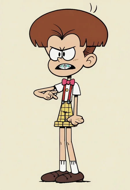 (score_9 | score_8_up | score_7_up) ((masterpiece:1))(best quality,very high quality,ultra detailed:1.2) (2D,cartoon style,anime style)(Smooth:2)(clean blurring) (four fingers on each hand,one thumb on each hand:1), Lane loud, Solo, 1boy, Brown hair, short hair, bowl hairstyle, braces, pink bow tie, white shirt, short sleeved, yellow plaid shorts, red suspenders, Brown shoes, white socks