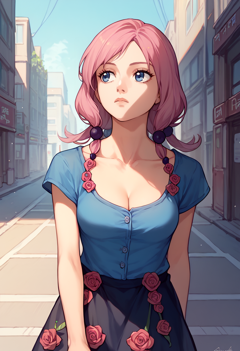 score_9, score_8_up, score_7_up, solo, 1girl, hirose yasuho, expressionless, looking away, walking, hair bobbles, blue shirt, short sleeves, skirt, rose, collarbone, cleavage, outdoors, city street <lora:jojo_hirose_ponyXL:1>