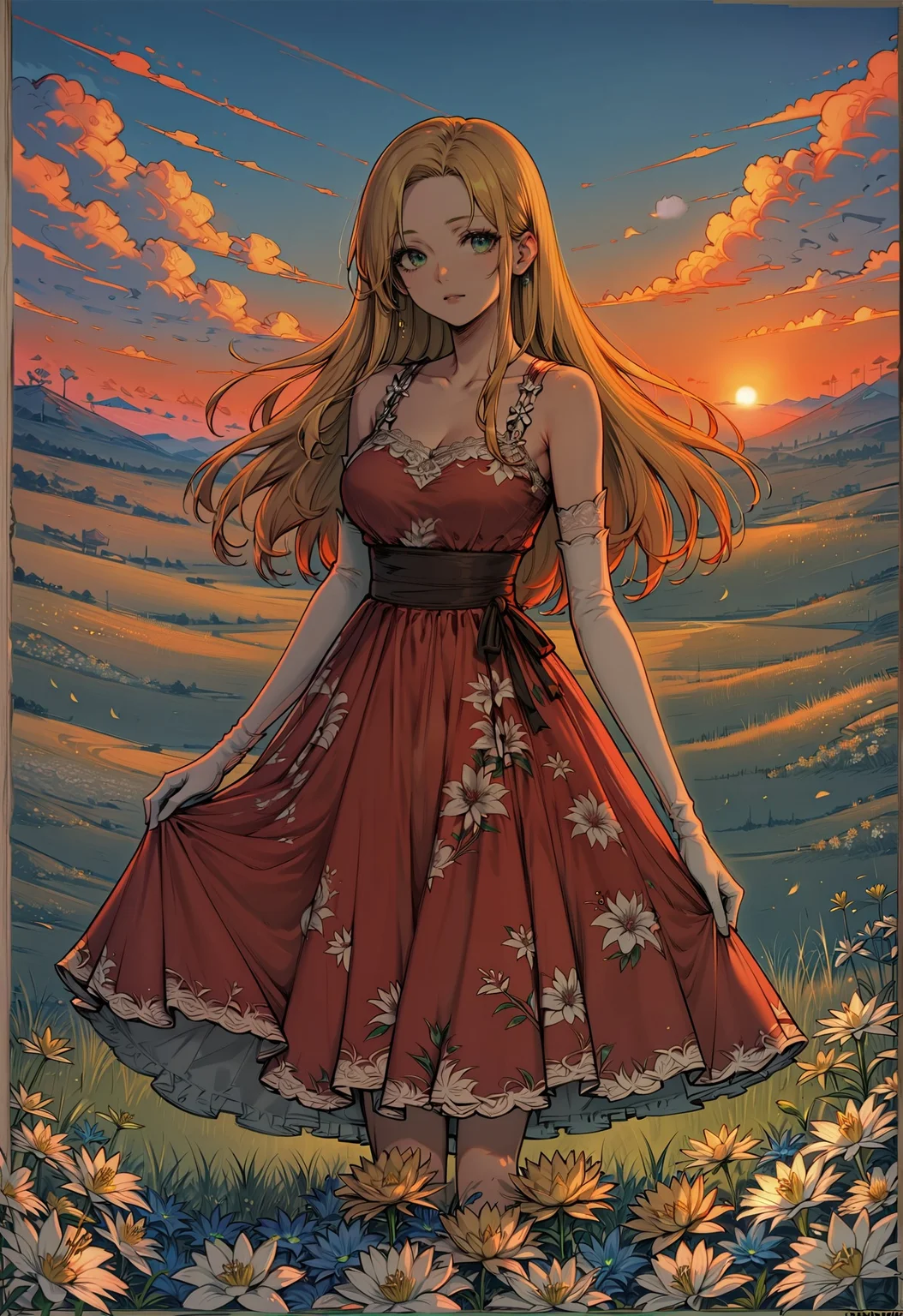 score_9, score_8_up, score_7_up, rating_safe, lineart, flat color, 1girl, solo, long hair, yellow hair, looking at viewer, breasts, dress, floral dress, floral theme, elbow gloves, white gloves, cowboy shot, standing, outdoors, field, flower, lilies, grass, plant, sky, romantic, green eyes, vivid colors, bright colors, sunset <lora:LineArt Mono Style LoRA_Pony XL v6:0.8> <lora:sdxl\Pony_DetailV1.0> <lora:sdxl\Smooth Anime Style LoRA XL:0.8>