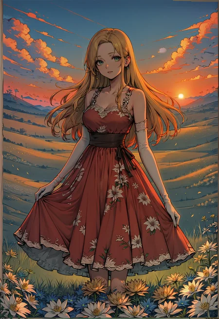 score_9, score_8_up, score_7_up, rating_safe, lineart, flat color, 1girl, solo, long hair, yellow hair, looking at viewer, breasts, dress, floral dress, floral theme, elbow gloves, white gloves, cowboy shot, standing, outdoors, field, flower, lilies, grass, plant, sky, romantic, green eyes, vivid colors, bright colors, sunset <lora:LineArt Mono Style LoRA_Pony XL v6:0.8> <lora:sdxl\Pony_DetailV1.0> <lora:sdxl\Smooth Anime Style LoRA XL:0.8>
