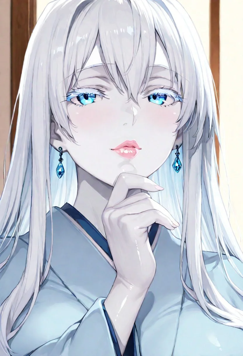 1girl, Yuki-Onna, Yukinoshita Yukino \(oregair\),, adult woman, earrings, masterpiece, blue kimono, hand up, , long hair, white hair, long hair, colored skin, (white skin:1.3), luscious lips, lip gloss, portrait, colored eyelashes, backlighting, blue eyes, goddess, glossy skin,