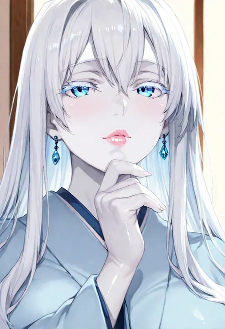 1girl, Yuki-Onna, Yukinoshita Yukino \(oregair\),, adult woman, earrings, masterpiece, blue kimono, hand up, , long hair, white hair, long hair, colored skin, (white skin:1.3), luscious lips, lip gloss, portrait, colored eyelashes, backlighting, blue eyes, goddess, glossy skin,