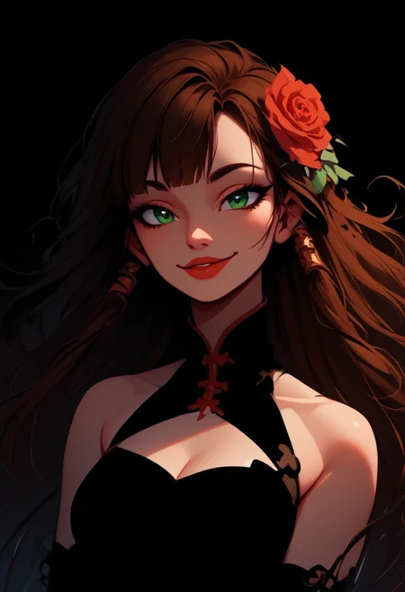 (Blend_in, black background), score_9, score_8_up, score_7_up, masterpiece, (high contrast, sidelightning, upper body), mature, stunning, eye_focus, 1girl, solo, imtdlilaross, long hair, low-tied long hair, green eyes, blunt bangs, brown hair, rose (flower) hair ornament, hair tubes, matte red lips, black china dress, halter neck, cleavage cutout, bare shoulders, black fingerless elbow gloves, (black clothes:1.5), smile, looking_at_viewer, flowing hair