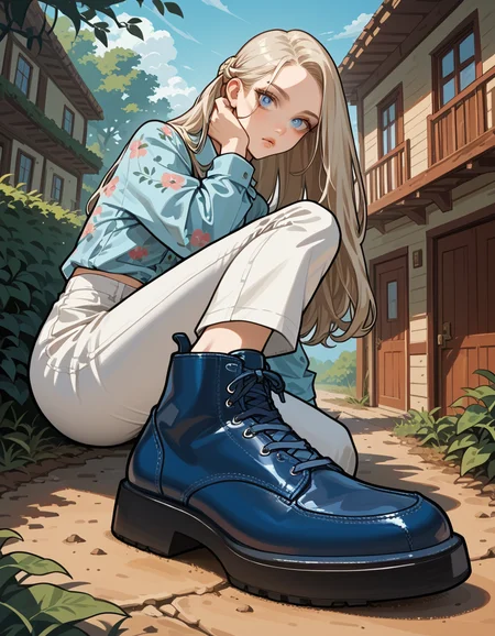 score_9, score_8_up, score_7_up, score_6_up, score_5_up, score_4_up, hud_sh03_sh0w, 1girl, solo, Umbral , Over Knee Boots, Floral print button-up shirt, white cropped pants, and navy blue espadrilles, Seductress, Average Height, Fit, Triangular Face, Tan Skin, Platinum Blonde Hair, Sapphire Eyes, [[Curved Nose]], Pouty Lips, Sharp Chin, Long Hair, Coarse Hair, Stacked Bob, natural breasts, , peach gloss lipstick, Ivy League university campus foreshortening, looking at viewer, <lora:showinshoes:0.8>, outdoors,