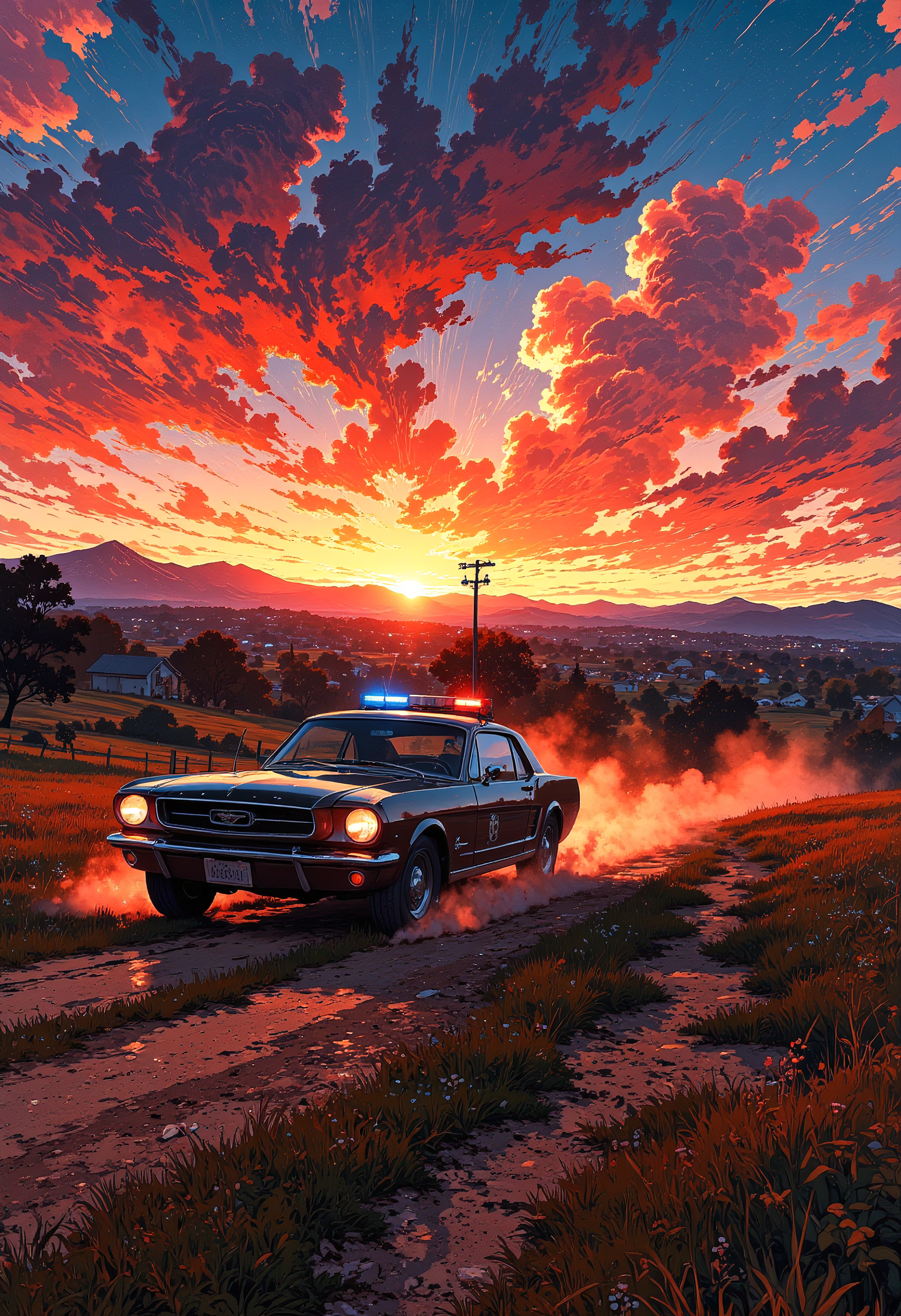 A police car chase on a old country road, dust trails, evening, vibrant glow