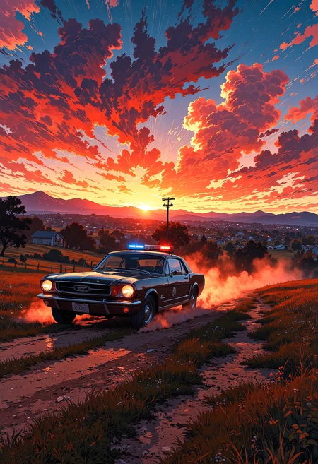 A police car chase on a old country road, dust trails, evening, vibrant glow