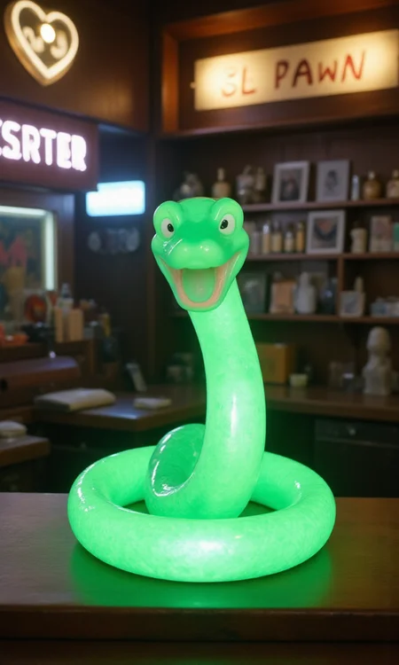 jade_snake, shebaaobao, neouv, cartoon snake made out of glowing illuminated iridescent jade ready to bite somebody on the counter of a pawn shop in New York City <lora:jadesnakeflux-000001.safetensors:1.0> <lora:shebaobao_flux_snake_Cartoon_v2.safetensors:1.0> <lora:neouv_flux_03.safetensors:1.0>