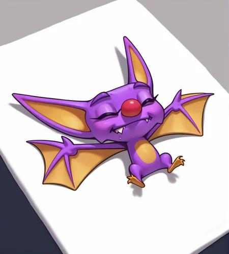 score_9, score_8_up, score_7_up, score_6_up, score_5_up, score_4_up, high res, digital media (artwork), absurd res, 2d, under shade, source_furry, <lora:Yooka_and_Laylee_-_Kracklestone_Designs:0.95> laylee, bat, feral, membranous wings, winged arms, tailless, big ears, big nose, red nose, purple skin, yellow feet, fangs, green eyes, high-angle view, lying, laylee's towel, eyes closed, sleeping, drool