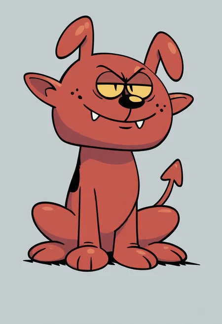 (score_9 | score_8_up | score_7_up) ((masterpiece:1))(best quality,very high quality,ultra detailed:1.2) (2D,cartoon style,anime style)(Smooth:2)(clean blurring) (four fingers on each hand,one thumb on each hand:1), charles, dog, all fours, black spot on left eye, impish, demon, red skin, small pointed nose, pointed tail, yellow eyes, slit pupils, two small horns, two large curved horns on sides of her head, pair of deformed fangs, smug, full body