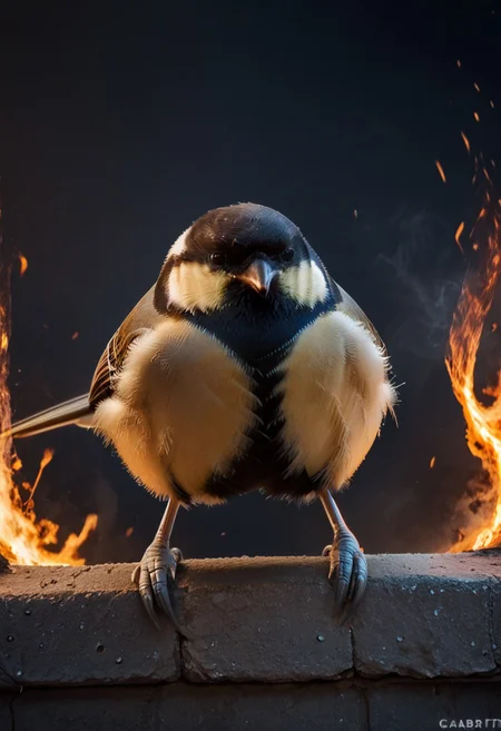 score_9, score_8_up, score_7_up, score_6_up, score_5_up, score_4_up, rating_safe,source_photorealistic,upper body,1bird,a gaint tit rampaging throughout a burning city