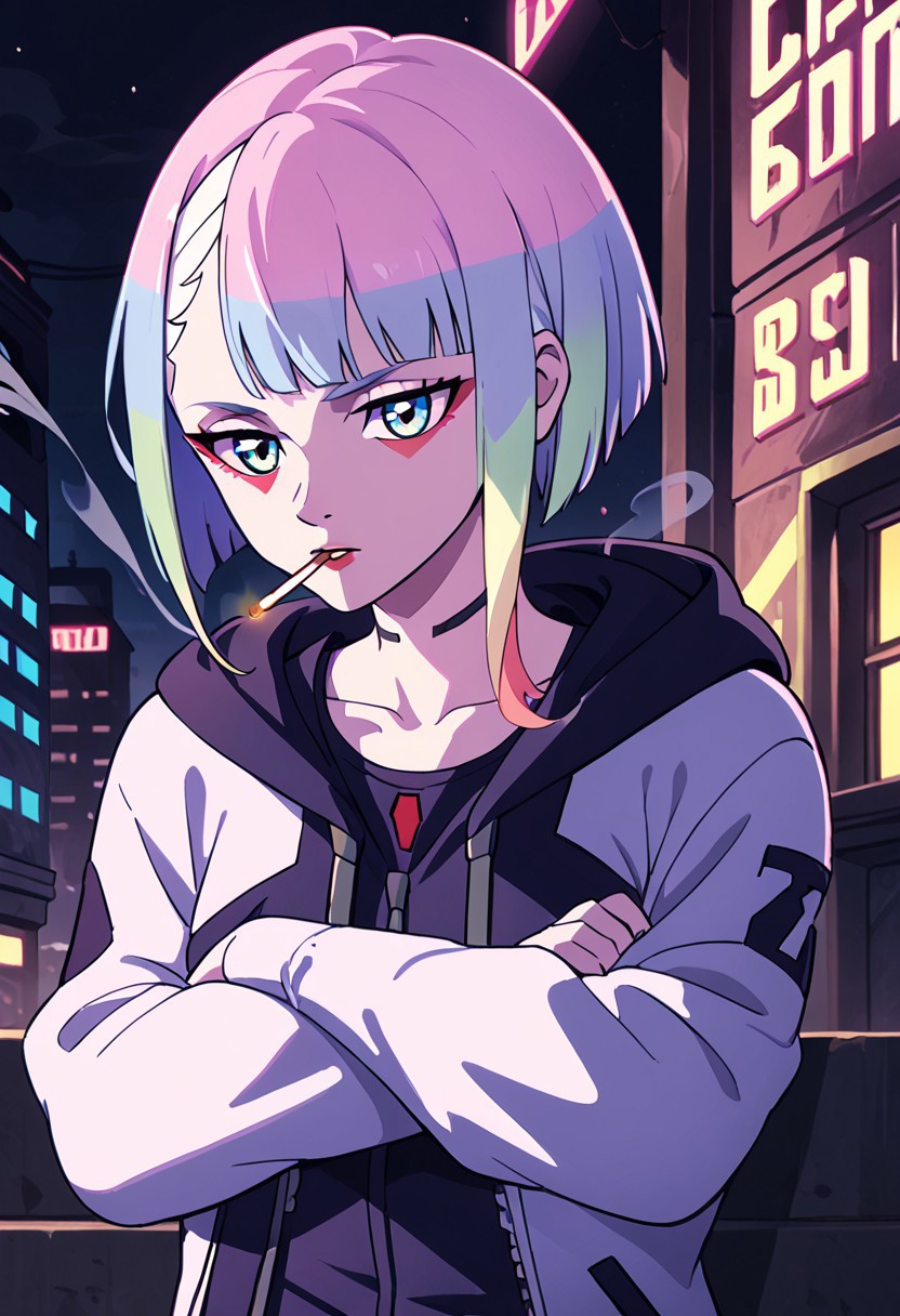 score_9,score_8_up,score_7_up,
<lora:Lucy_Pony:1>,
Lucyna,lucy,cyberpunk,1girl,solo,hood,cigarette,smoking,jacket,short hair,multicolored hair,2d,2D Animation,bangs,smoke,hood up,hoodie,makeup,blue eyes,long sleeves,night,crossed arms,dim light,dark,beautiful detailed eyes,